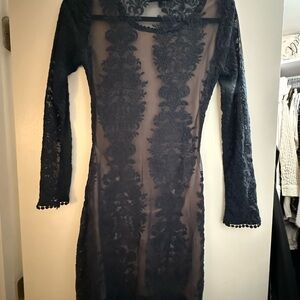 Olivaceous (Vici Collection) Navy Lace Long Sleeve Dress with nude lining